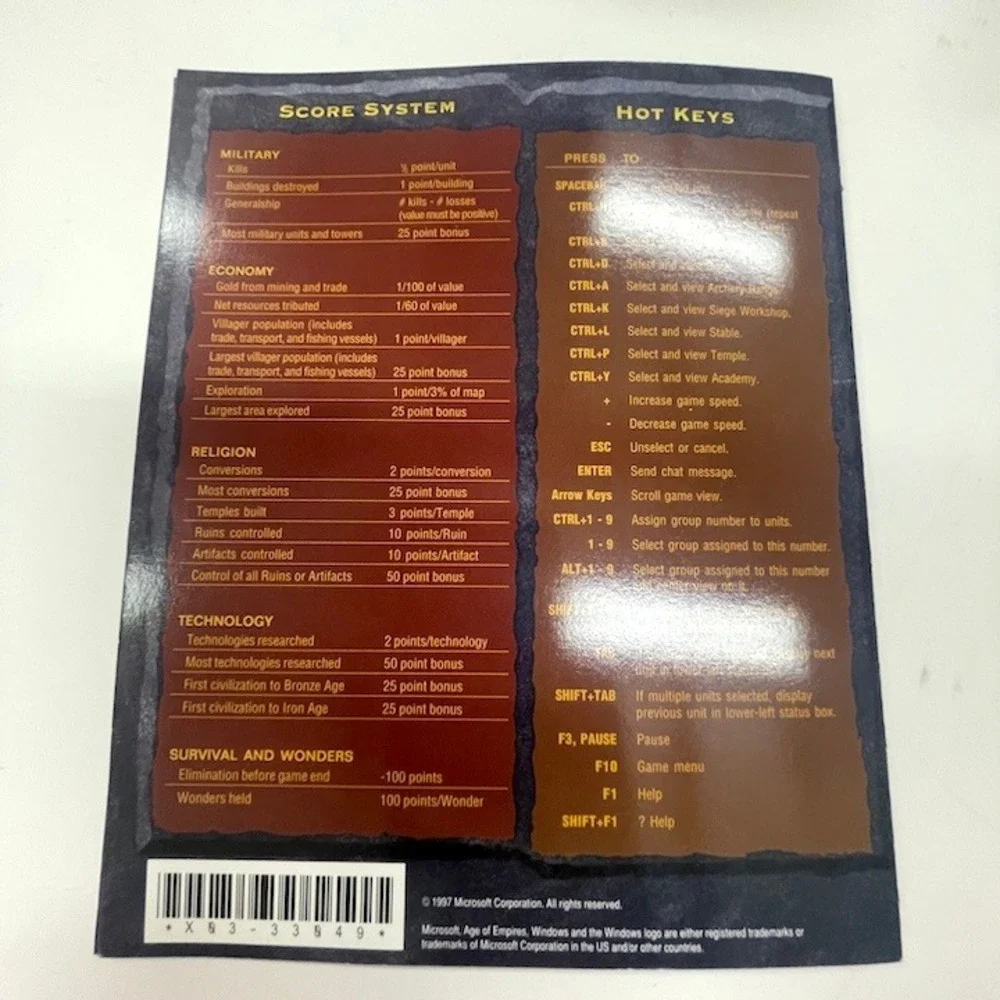 Vintage 1997 Age of Empires PC Game Tech Tree Reference Guide Fold-out Microsoft